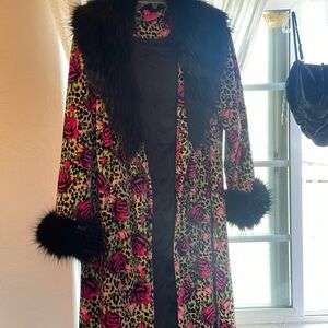 Betsey Johnson Pink and Black Leopard Print Sweater with Faux Fur Trim